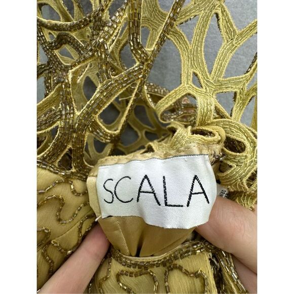 Vintage Y2K 90s Scala Gold Beaded Silk Slip Maxi Dress Gown Size S - Picture 9 of 12
